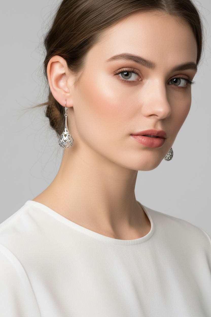 Raindrop Romance | Oxidized Silver Filigree Heart Teardrop Earrings