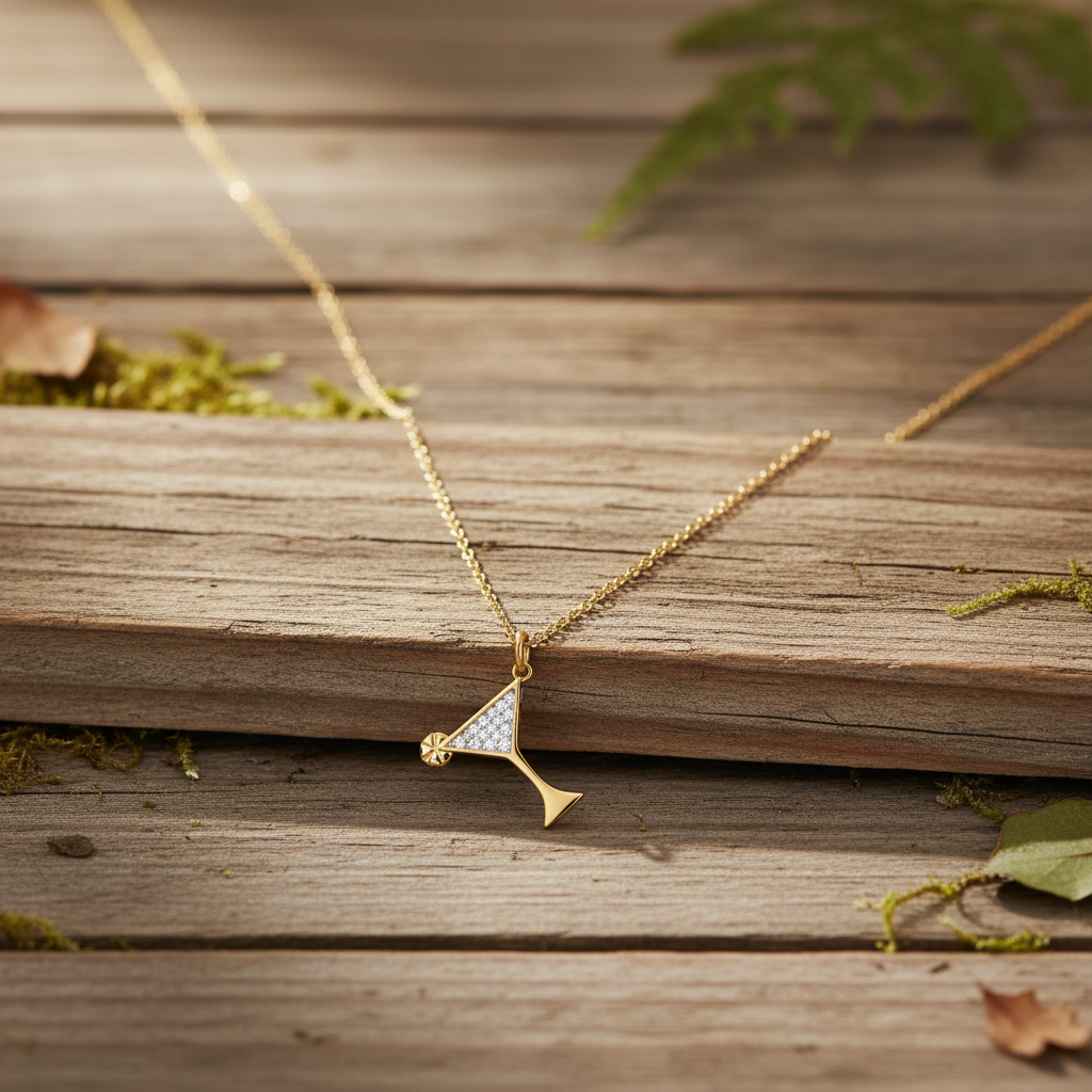 14 Karat Gold Plated Sterling Silver Martini Glass Charm Necklace with CZ, 16 Inch Cable Chain, Cocktail Pendant