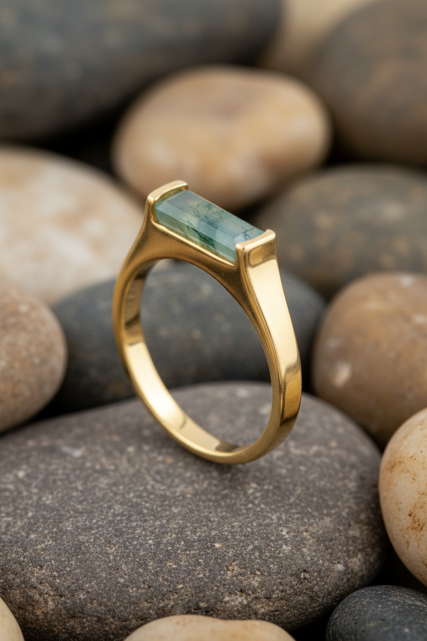 Moss Agate Bar Ring 14K Gold Plated 925 Silver 10x3mm Baguette Sizes 6-9