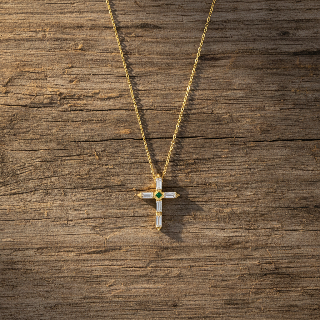 Sterling Silver Cross Pendant Necklace with White Baguette CZ, Green Center Stone, 16+2 Inch Gold Plated Chain