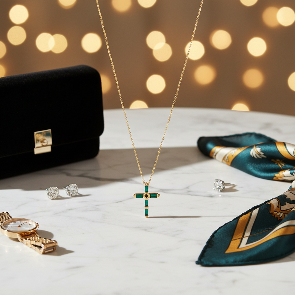 Green CZ Baguette Cross Necklace 14K Gold Plated 925 Silver 20mm 16+2