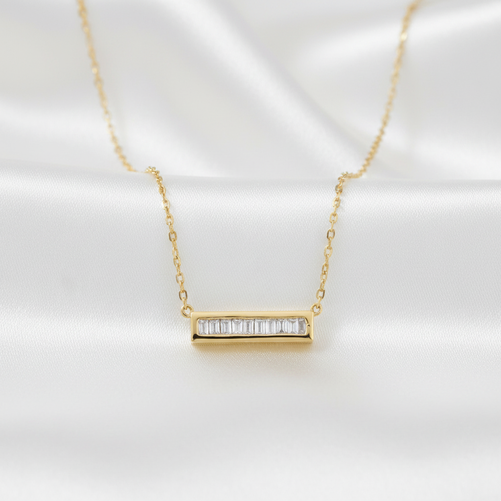 14 Karat Gold Plated Sterling Silver Bar Necklace, 16 Inch Cable Chain with 2 Inch Extension, CZ Pendant, Lobster Clasp