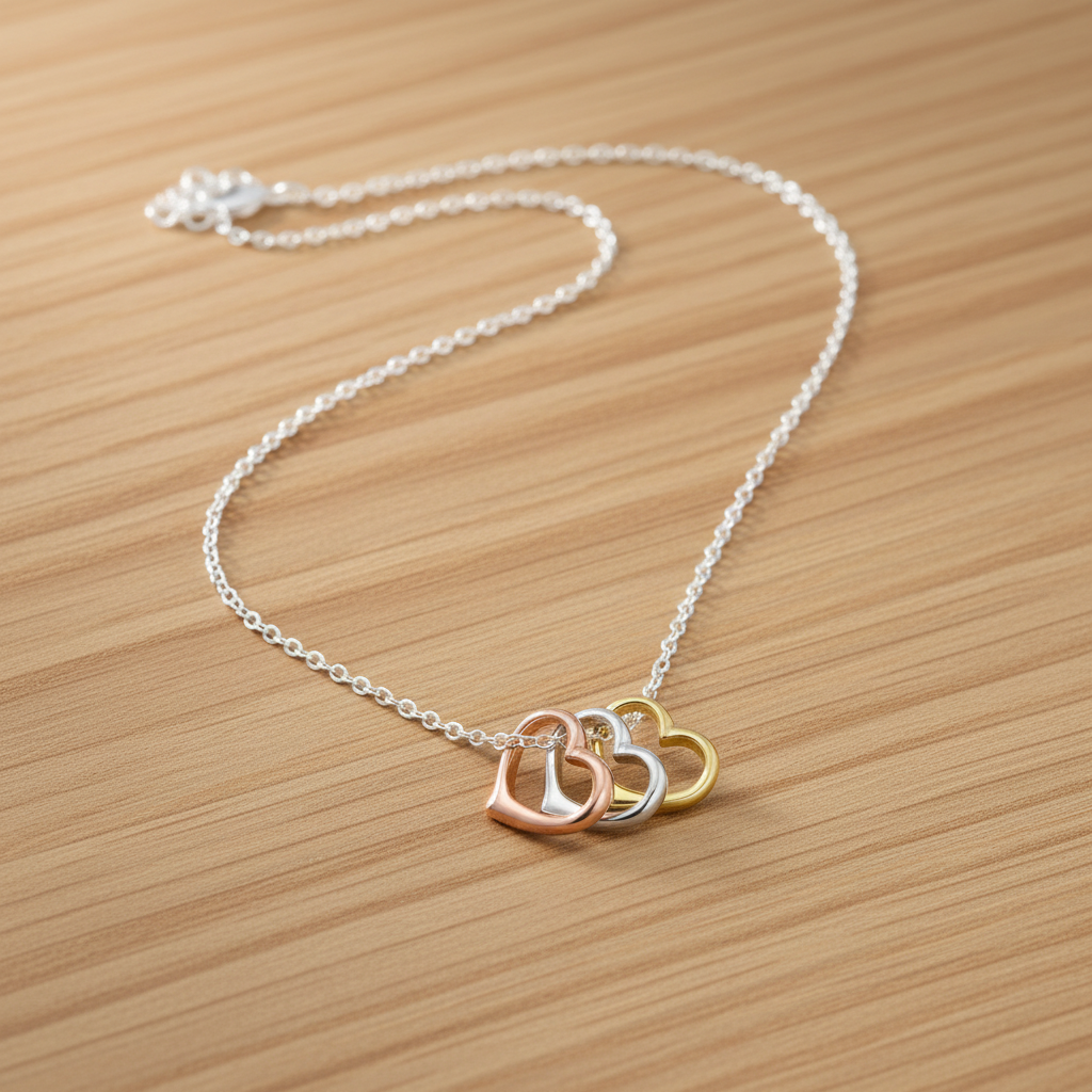 Tri Tone Heart Necklace Yellow Rose Gold Plated 925 Sterling Silver 9mm 15.75+2"