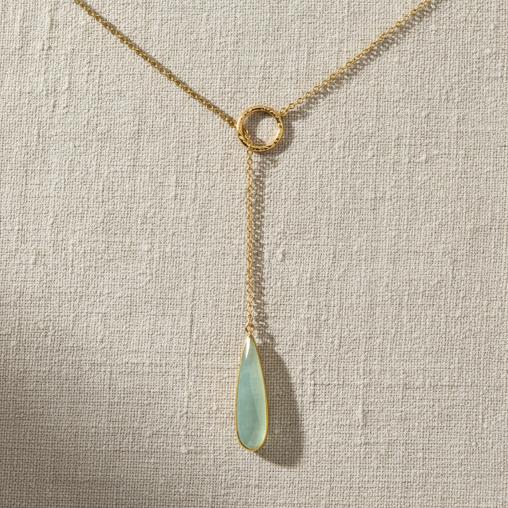 Chalcedony Drop Lariat Necklace 14K Gold Plated 925 Sterling Silver 7.5x29mm 24"