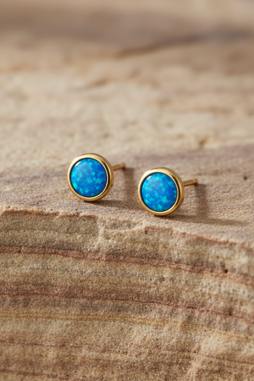 Synthetic Blue Opal Round Stud Earrings 14K Gold Plated 925 Sterling Silver 4.5mm