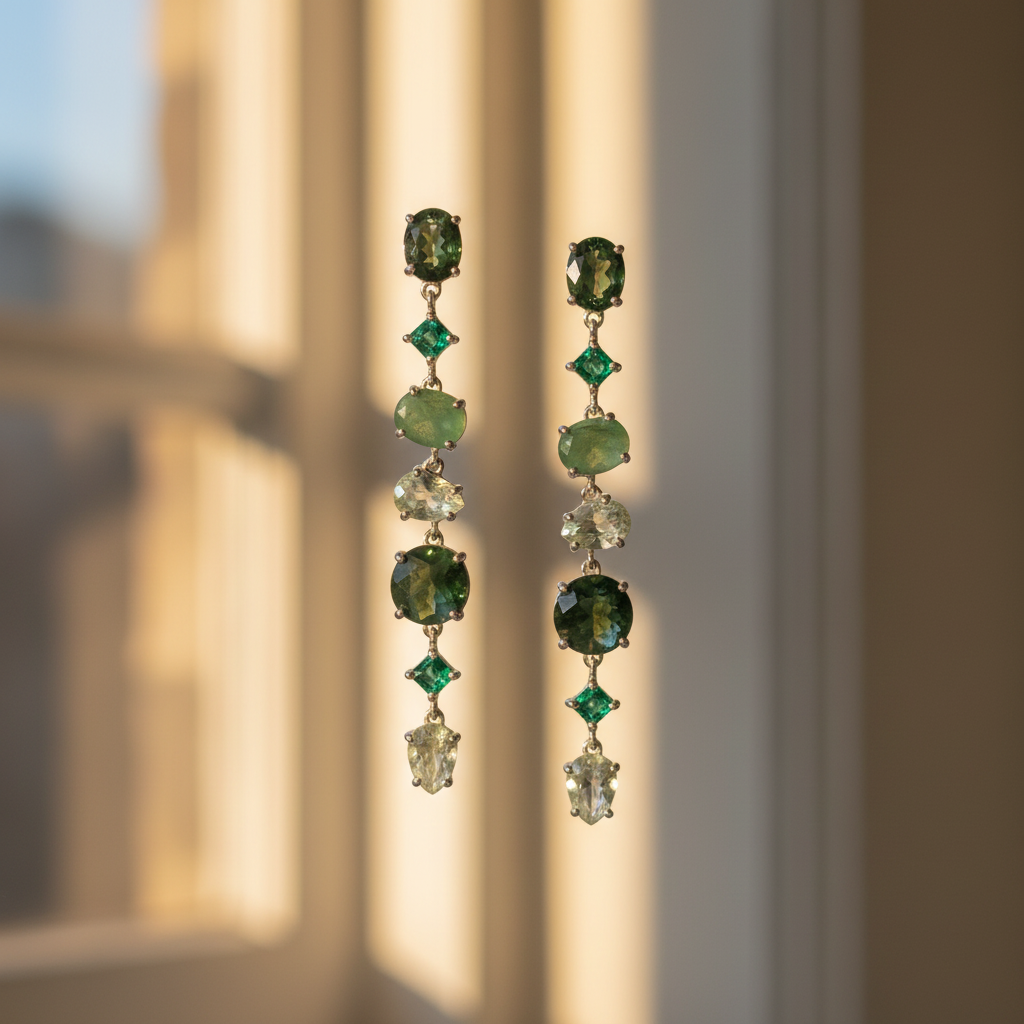 Green Multistone Long Drop Earrings Rhodium Plated 925 Sterling Silver 74.7mm