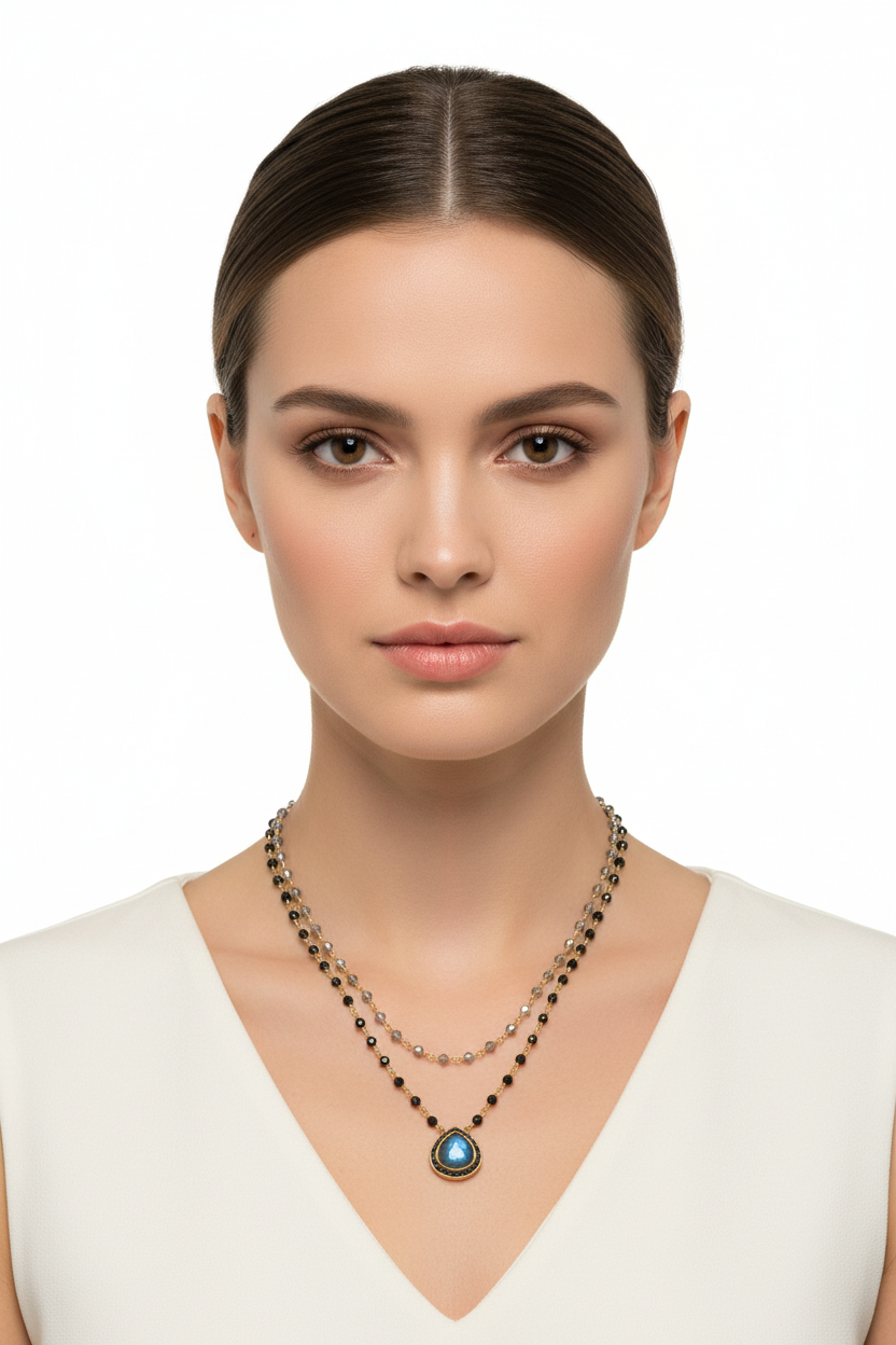 Labradorite Black Onyx Necklace 14K Gold 925 Silver Double Strand Diamond 19+20"