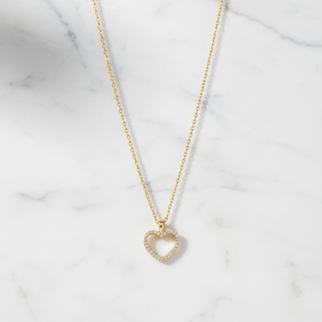 14 Karat Gold Plated Sterling Silver Heart Pendant Necklace with CZ, 16 Inch Chain with 2 Inch Extender, Lobster Clasp