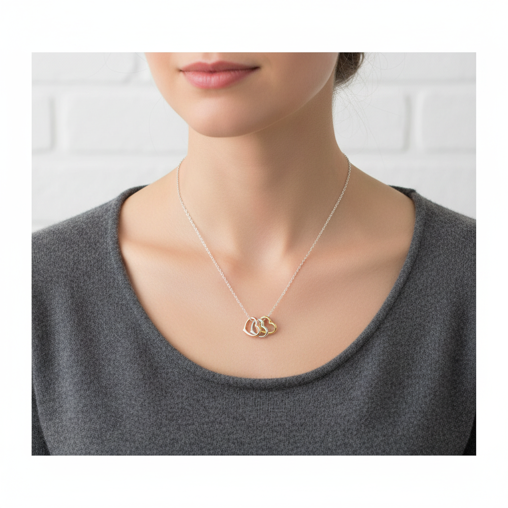 Tri Tone Heart Necklace Yellow Rose Gold Plated 925 Sterling Silver 9mm 15.75+2"