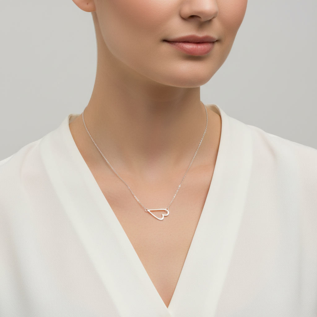 Sideways Heart Necklace Rhodium Plated 925 Sterling Silver 12x18mm 16+2 Inch
