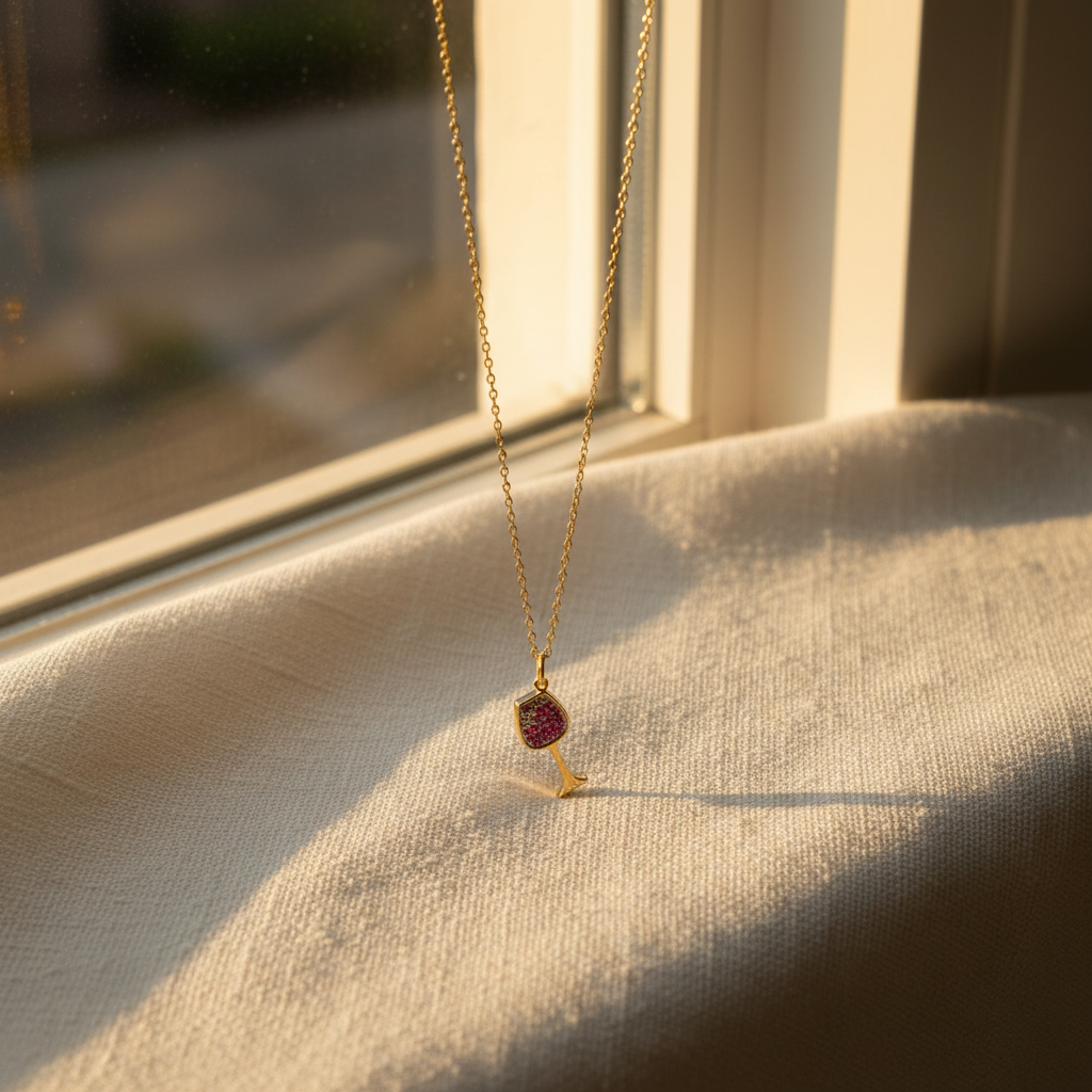 14 Karat Gold Plated Sterling Silver Wine Glass Charm Necklace, Red and White CZ Pave, 16 Inch Cable Chain with Extensions