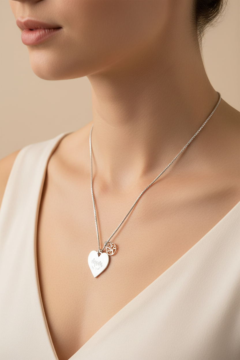 Sterling Silver Mom Heart and Family Tree Charm Necklace, 16+2 Inch Chain, Rose Gold Plated Accents, Spring Ring Closure