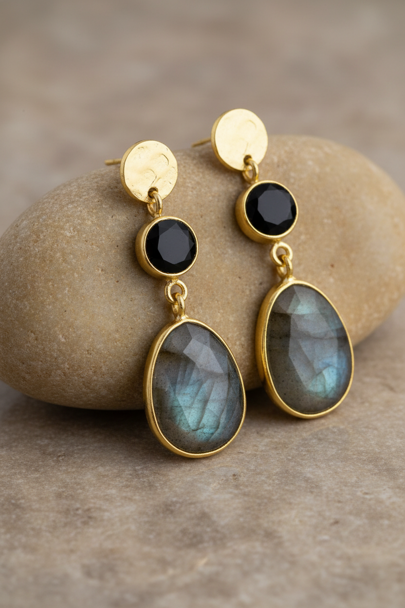 Black Onyx Labradorite Dangle Earrings 14K Gold Plated 925 Sterling Silver 34.5mm
