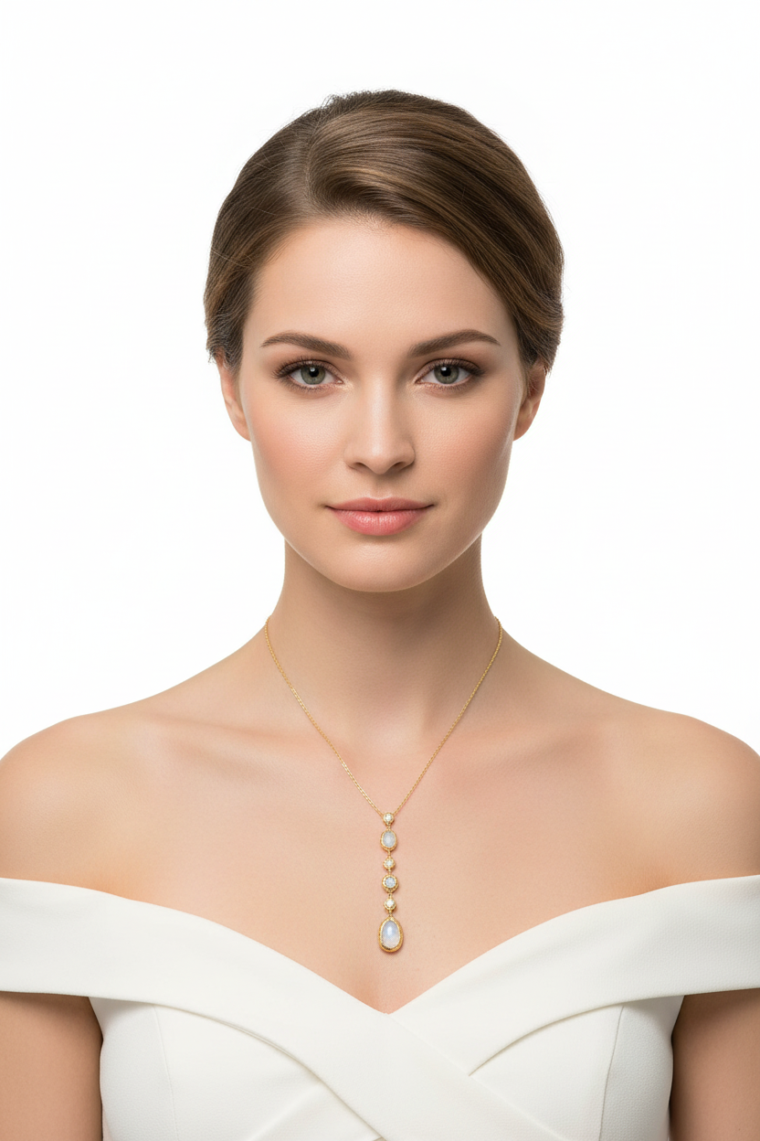 14 Karat Gold Plated Sterling Silver Rainbow Moonstone Drop Necklace, CZ Accents, 16 Inch Chain with 2 Inch Extender