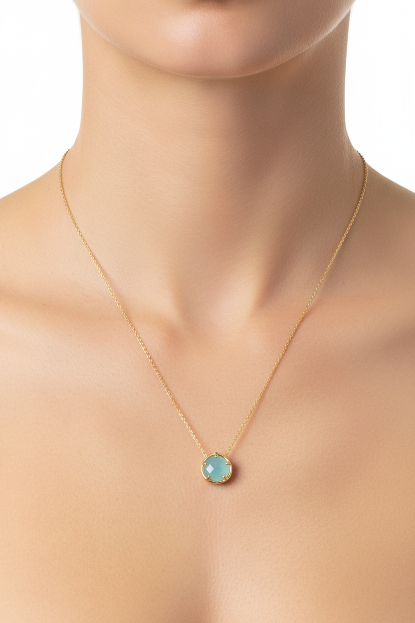 Aqua Chalcedony Necklace 14K Gold Plated 925 Silver 8mm Slide 16+2