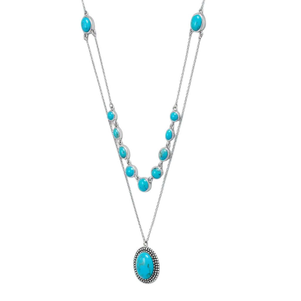 Turquoise Two Row Necklace 925 Sterling Silver Multi-Shape 10mm 18+20+2 Inch