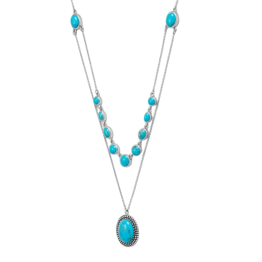 Sterling Silver Two Row Turquoise Statement Necklace, 18-20 Inch with 2 Inch Extension, Multi-Size Stones