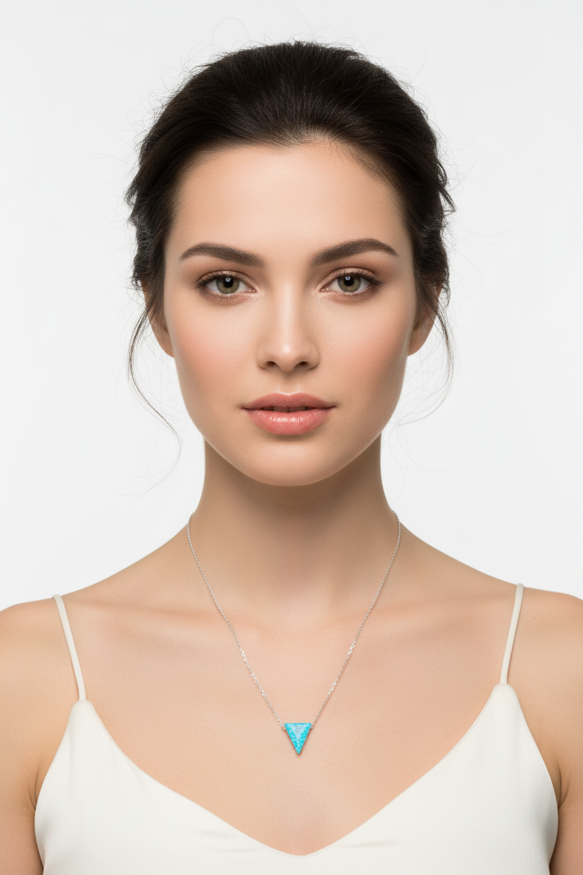 Opal Triangle Necklace Rhodium 925 Silver Blue Synthetic 9.5mm 16+2