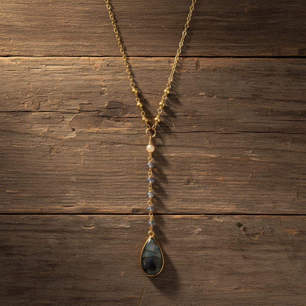 Labradorite Drop Necklace 14K Gold Plated 925 Sterling Silver Pyrite 2.5 Inch