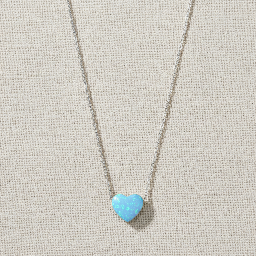 Opal Heart Necklace Rhodium 925 Sterling Silver Blue Synthetic 9mm 16+2