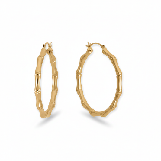 Sterling Silver Bamboo Style Hoop Earrings, 14K Gold Plated, 44mm Click Closure, 3.7mm Wide