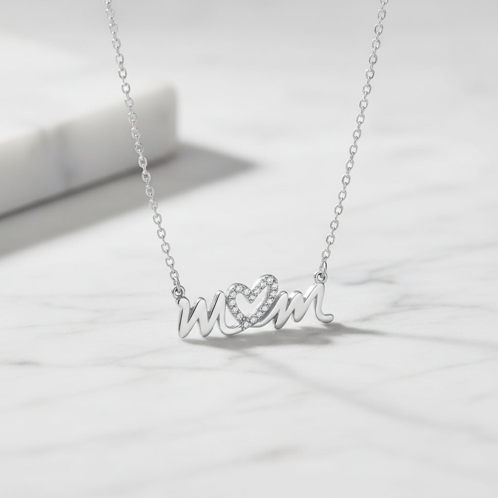 Sterling Silver CZ Heart Mom Necklace, 16 Inch Chain with 2 Inch Extender, Spring Ring Closure