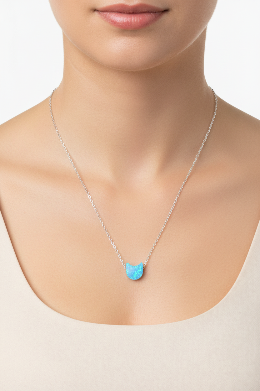 Opal Kitty Cat Necklace Rhodium 925 Silver Blue Synthetic 6.5mm 16+2