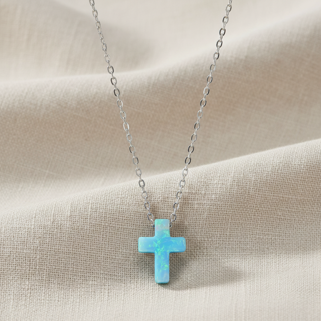 Opal Cross Necklace Rhodium 925 Sterling Silver Blue Synthetic 9mm 16+2