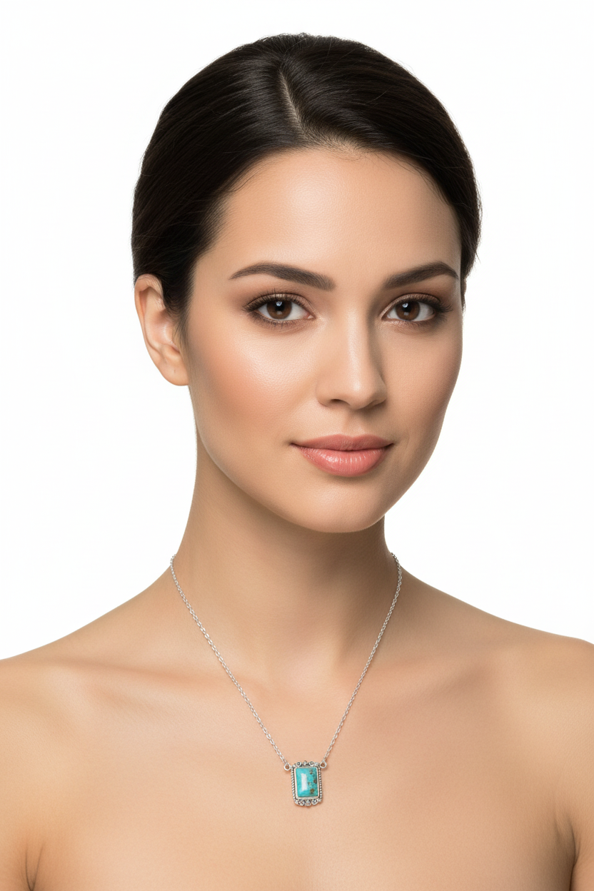 Turquoise Necklace - Sterling Silver Oxidized Rope Edge Rectangle Pendant