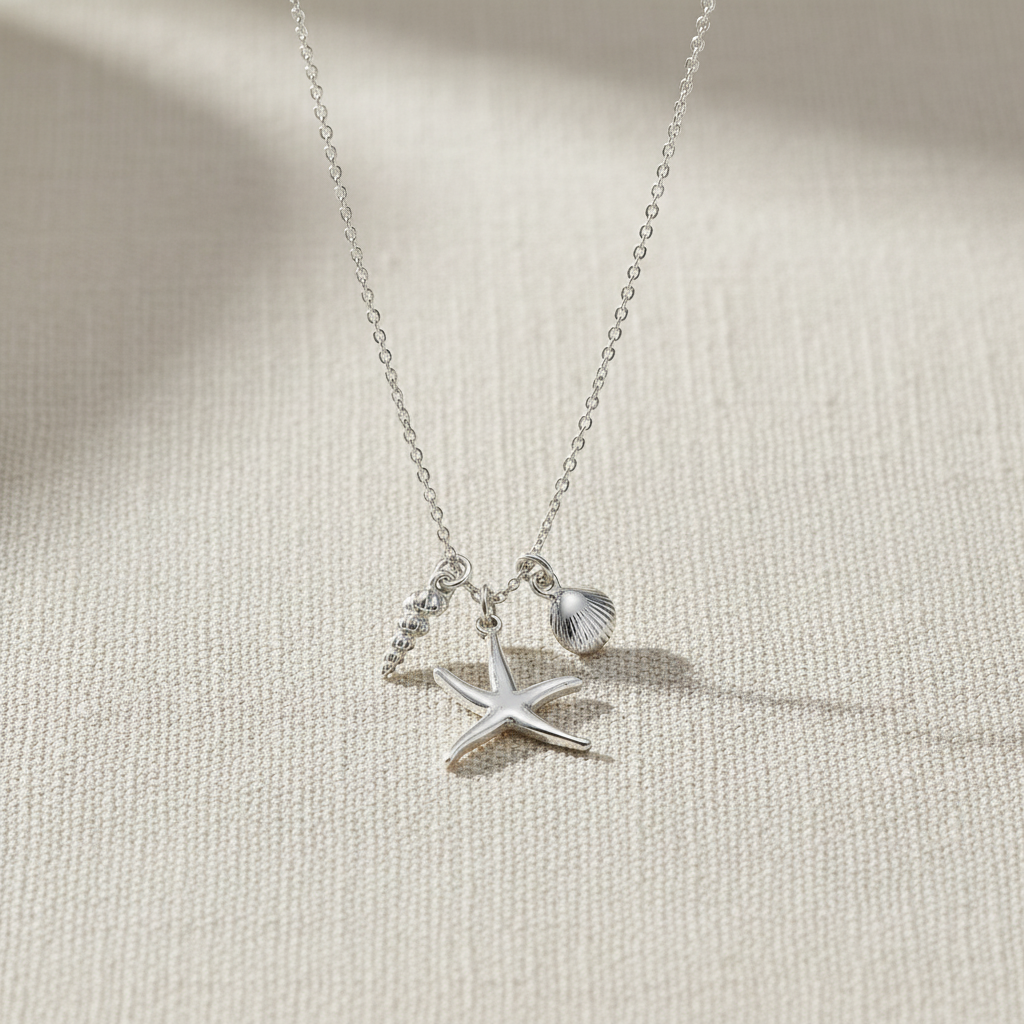 Starfish Shell Charm Necklace Rhodium 925 Silver 3D Made in Italy 16in