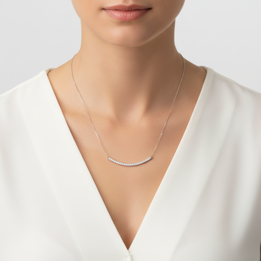 Sterling Silver Curved CZ Bar Necklace, Rhodium Plated, 18 Inch with 2 Inch Extension, Lobster Clasp