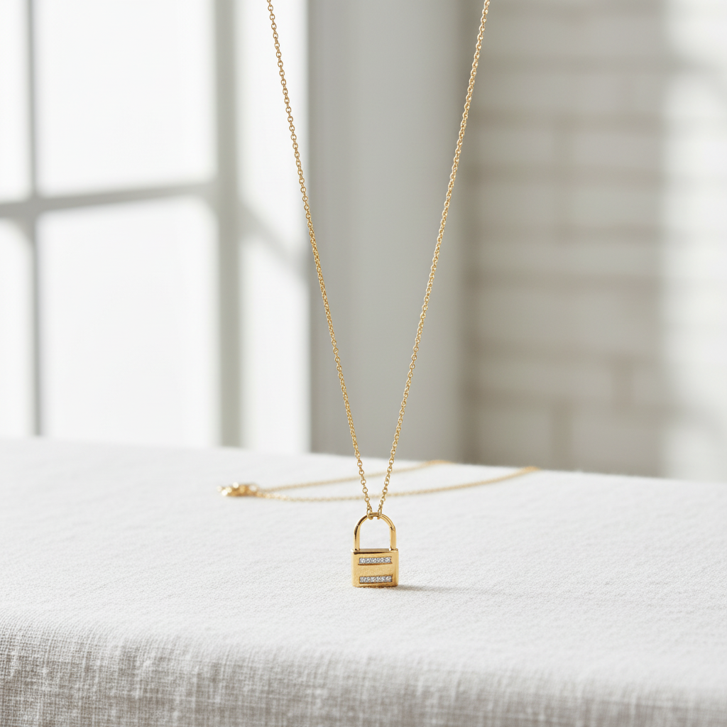 14 Karat Gold Plated Sterling Silver Lock Chain Necklace with CZ Accents, 16 Inch with 2 Inch Extender, Lobster Clasp