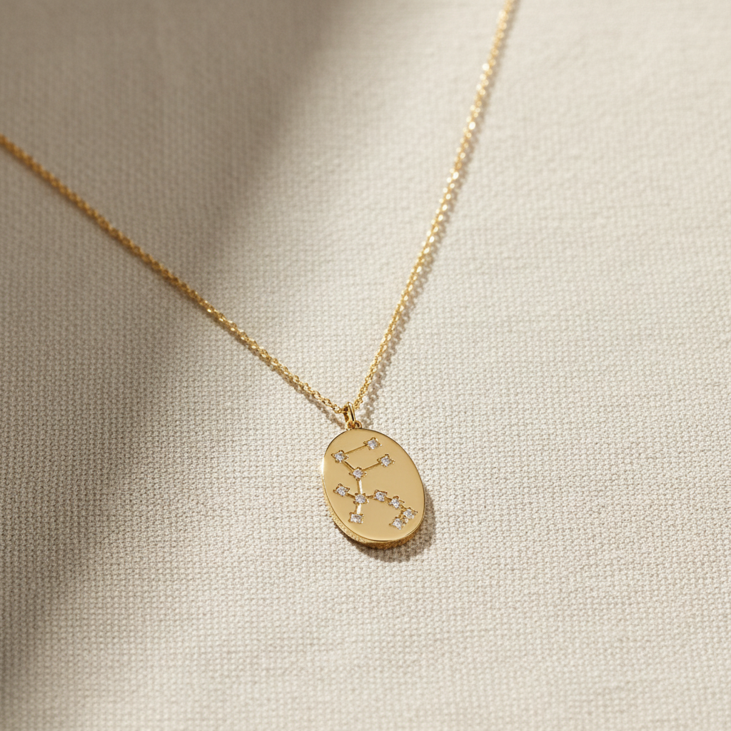 Aquarius Zodiac Constellation Oval Coin Necklace, 16 Inch Chain with 2 Inch Extender, Celestial Astrology Jewelry