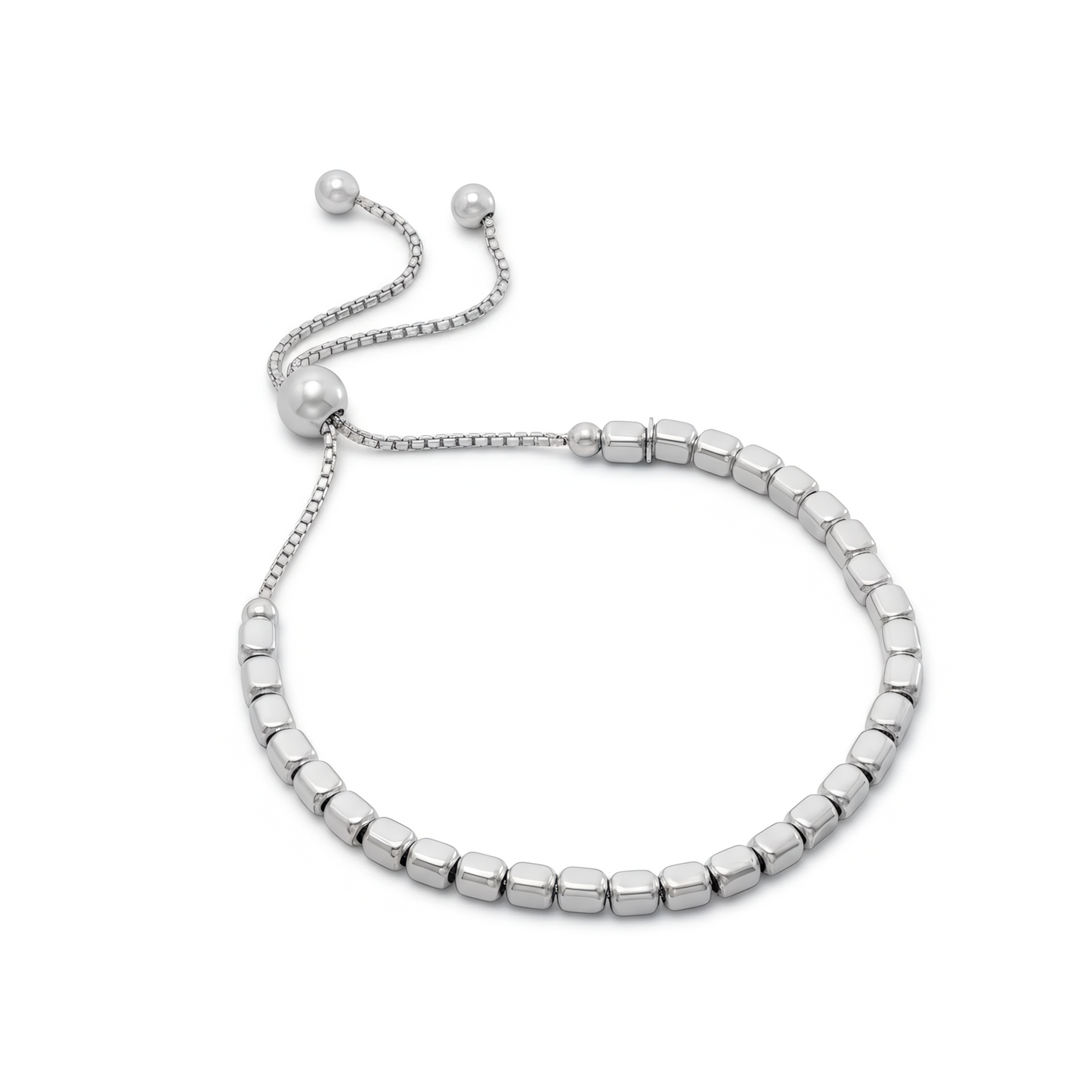 Sterling Silver Rhodium Plated Square Bead Adjustable Bolo Bracelet, Box Chain with 3.4mm Beads, 9.5 Inch Length, Made in Italy