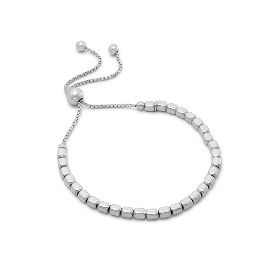 Square Bead Bolo Bracelet Rhodium Plated 925 Silver Italy Adjustable 9.5in