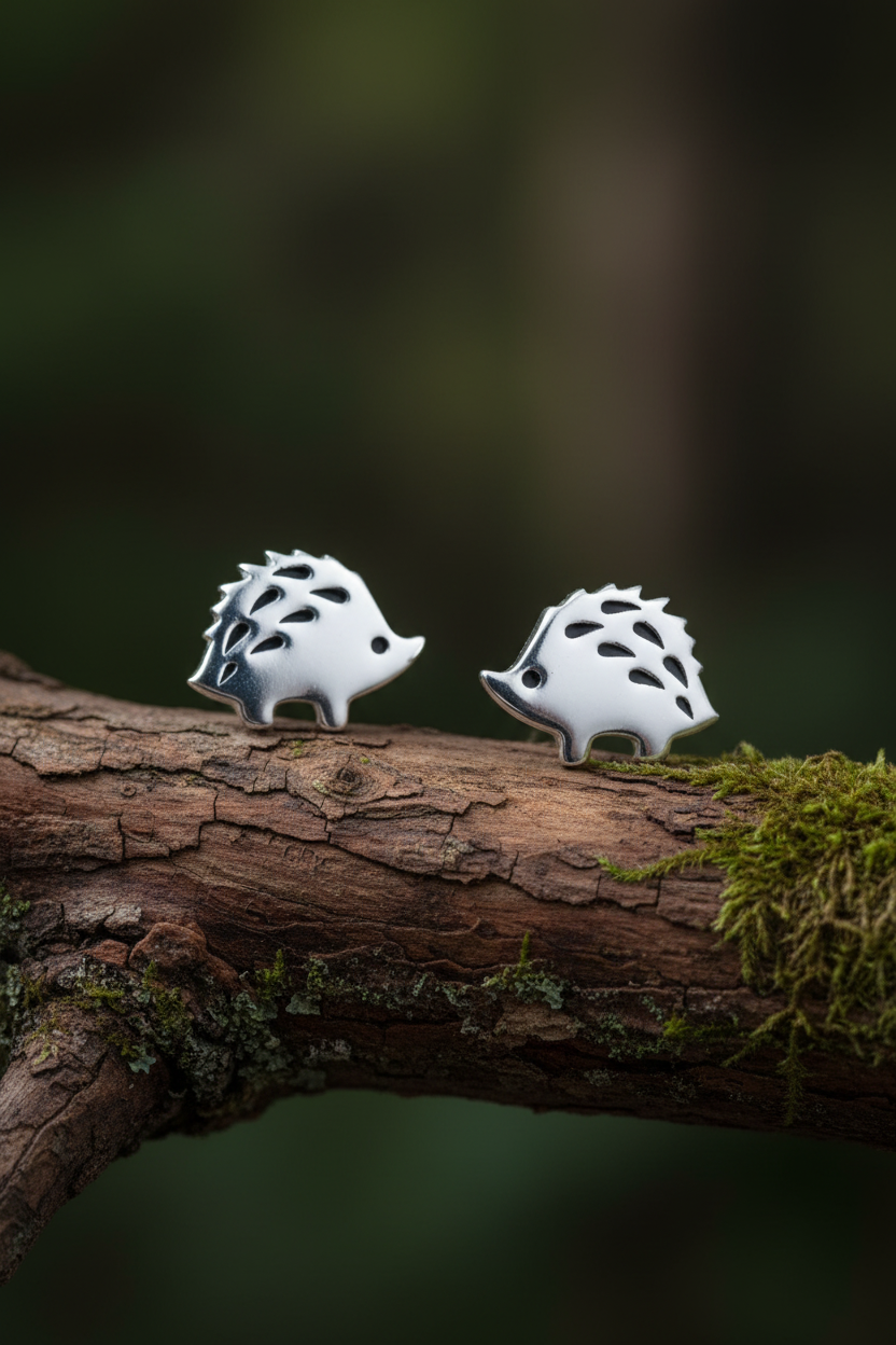 Enamel Hedgehog Stud Earrings Polished 925 Sterling Silver 9.5mm