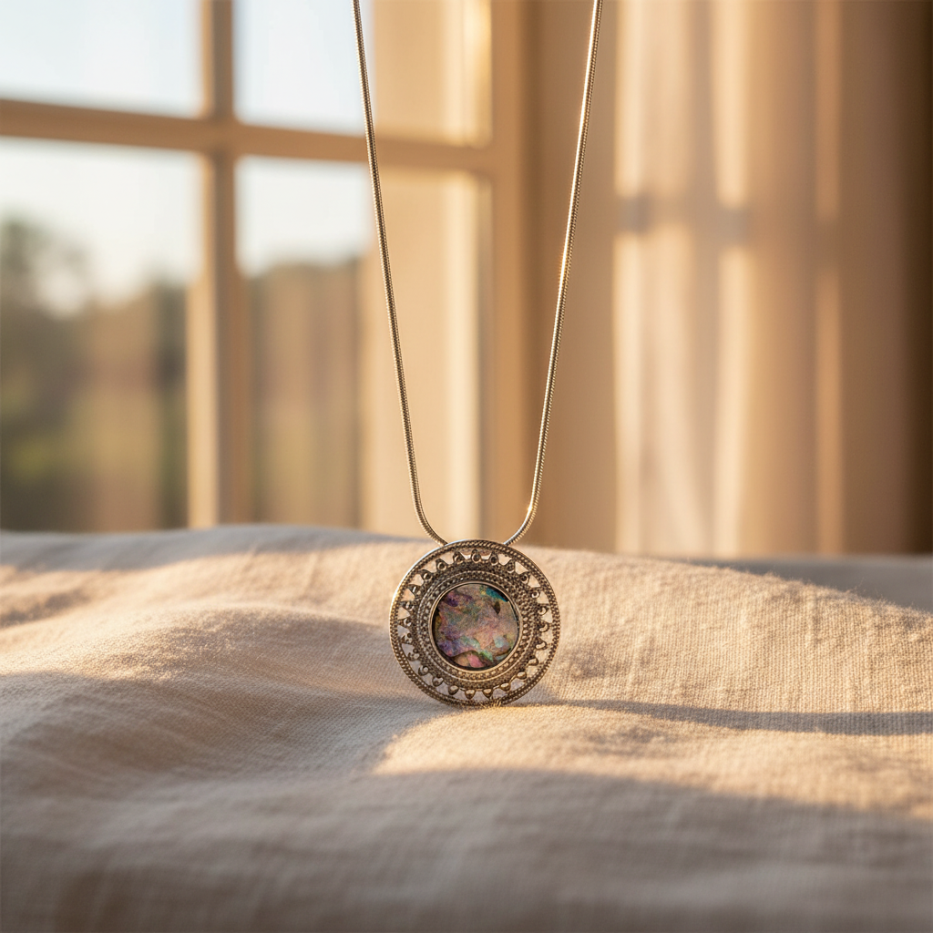 Ancient Roman Glass Necklace - Sterling Silver Rope Edge Design, 16.5" Chain, Certificate Included