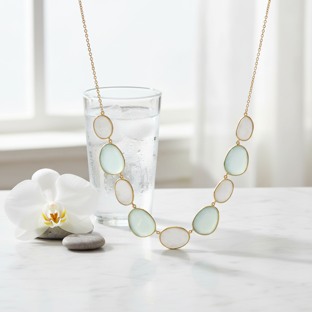 14 Karat Gold Plated Sterling Silver Necklace with Rainbow Moonstone, Green Chalcedony, 16 Inch Chain, Bezel Set Oval Stones