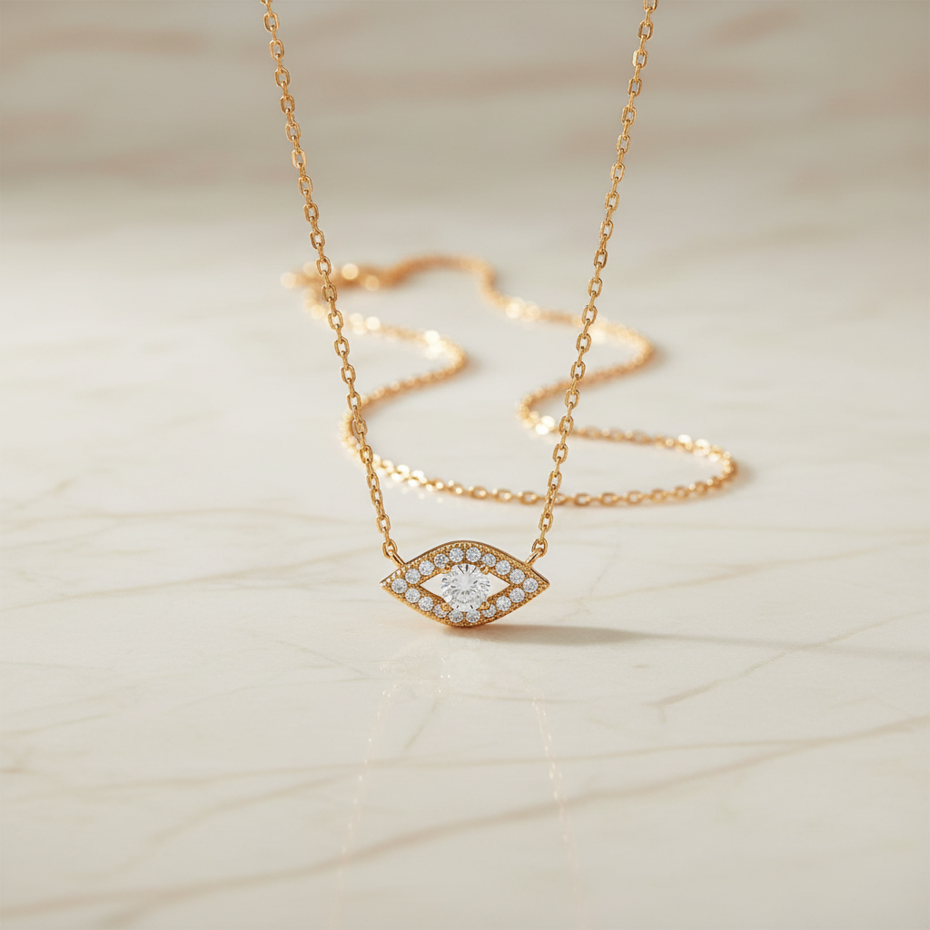 14 Karat Gold Plated Sterling Silver Evil Eye Pendant Necklace with CZ Accents, 16 Inch Chain with 2 Inch Extension