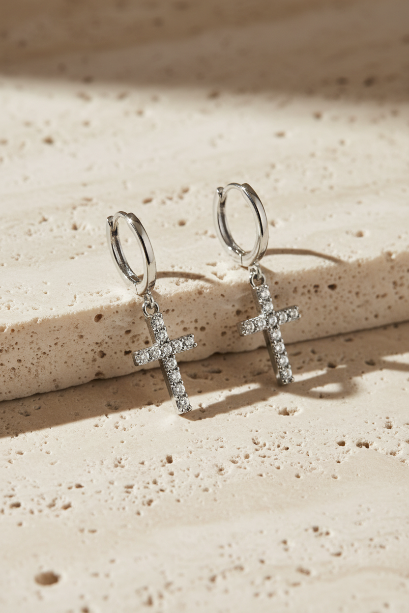 Radiant Faith Hoops - Rhodium Plated Sterling Silver with CZ Cross Charms