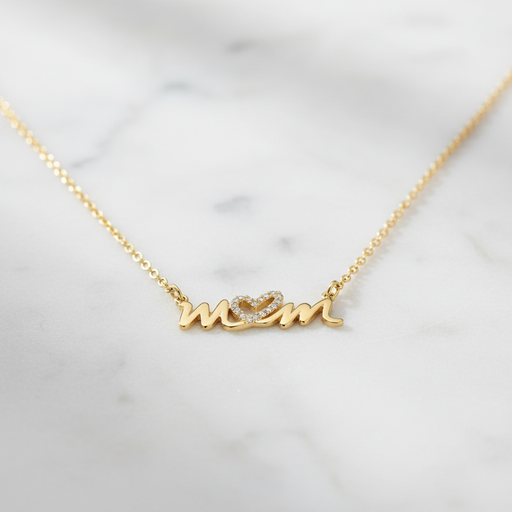 CZ Mom Necklace 14K Gold Plated 925 Silver Heart 25mm 16+2 Inch