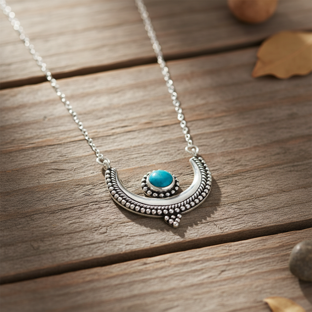 Crescent Moon Necklace - Sterling Silver Oxidized with Turquoise