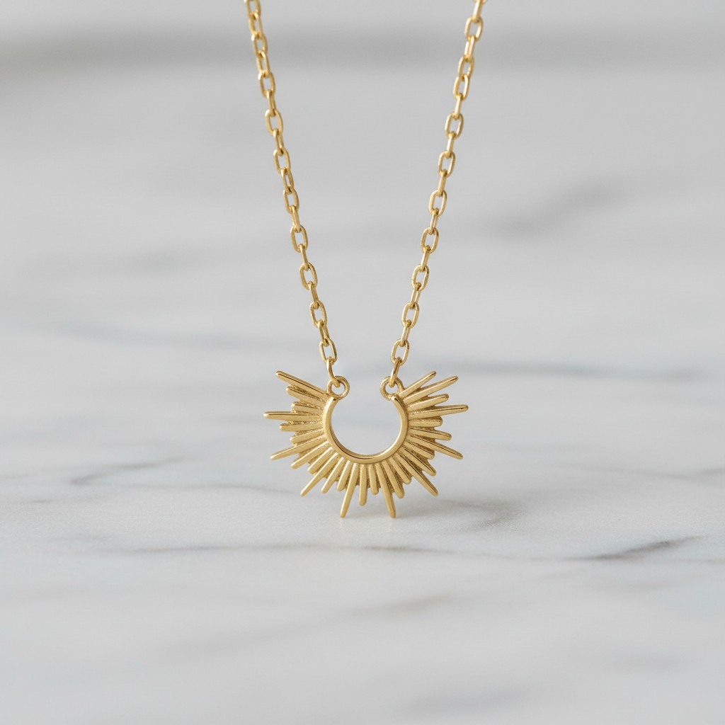 14 Karat Gold Plated Sterling Silver Mini Sunburst Pendant Necklace, 16 Inch Chain with 2 Inch Extender, Lobster Clasp, 15mm x 11.2mm