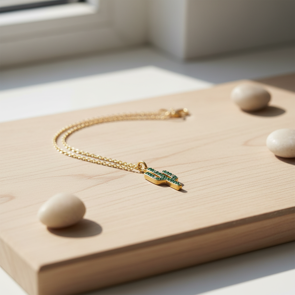 14 Karat Gold Plated Sterling Silver Saguaro Cactus Charm Necklace, Green and White CZ Flowers, 16 Inch Chain with 2 Inch Extension