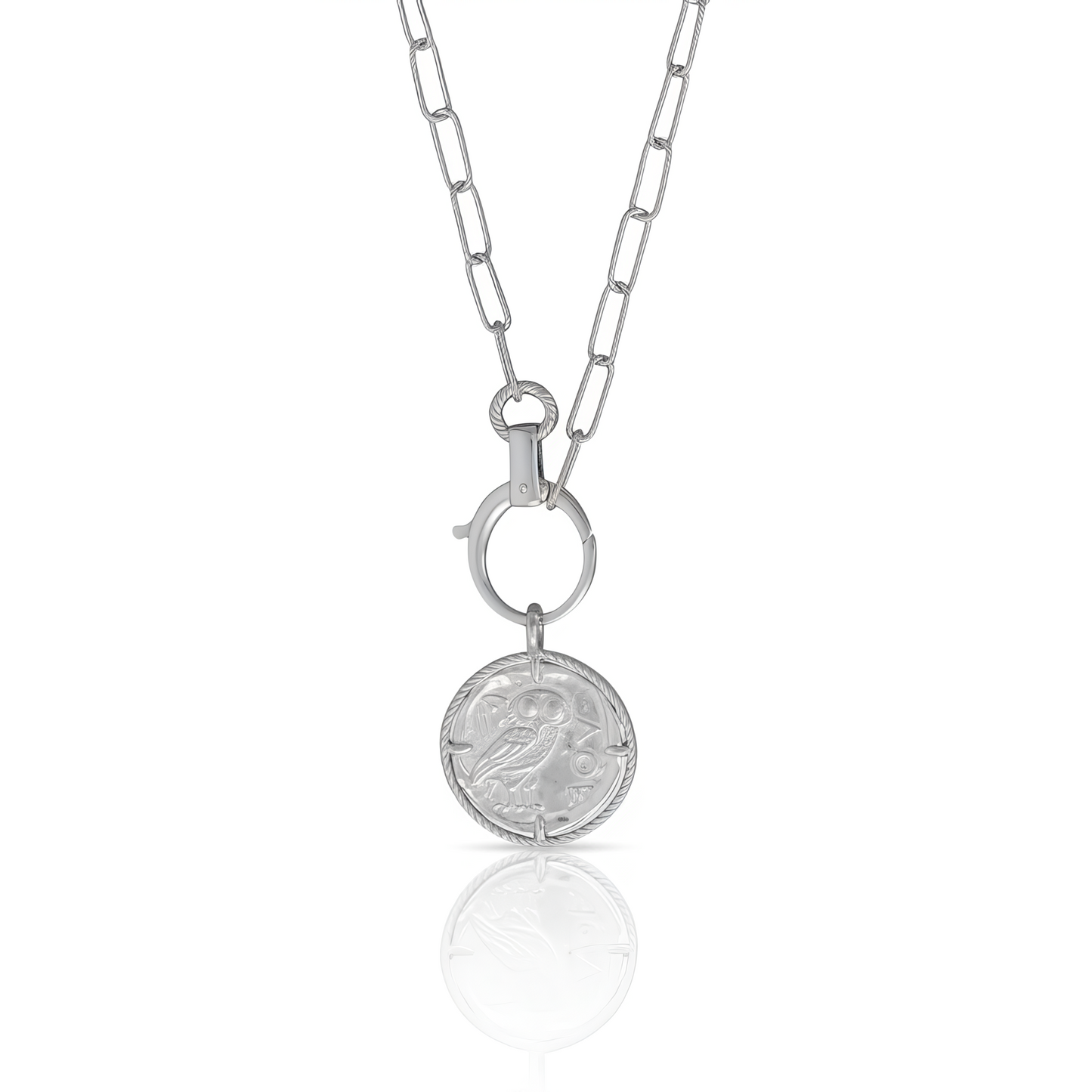 Owl Medallion Necklace 925 Sterling Silver Rhodium 25mm Removable Italy