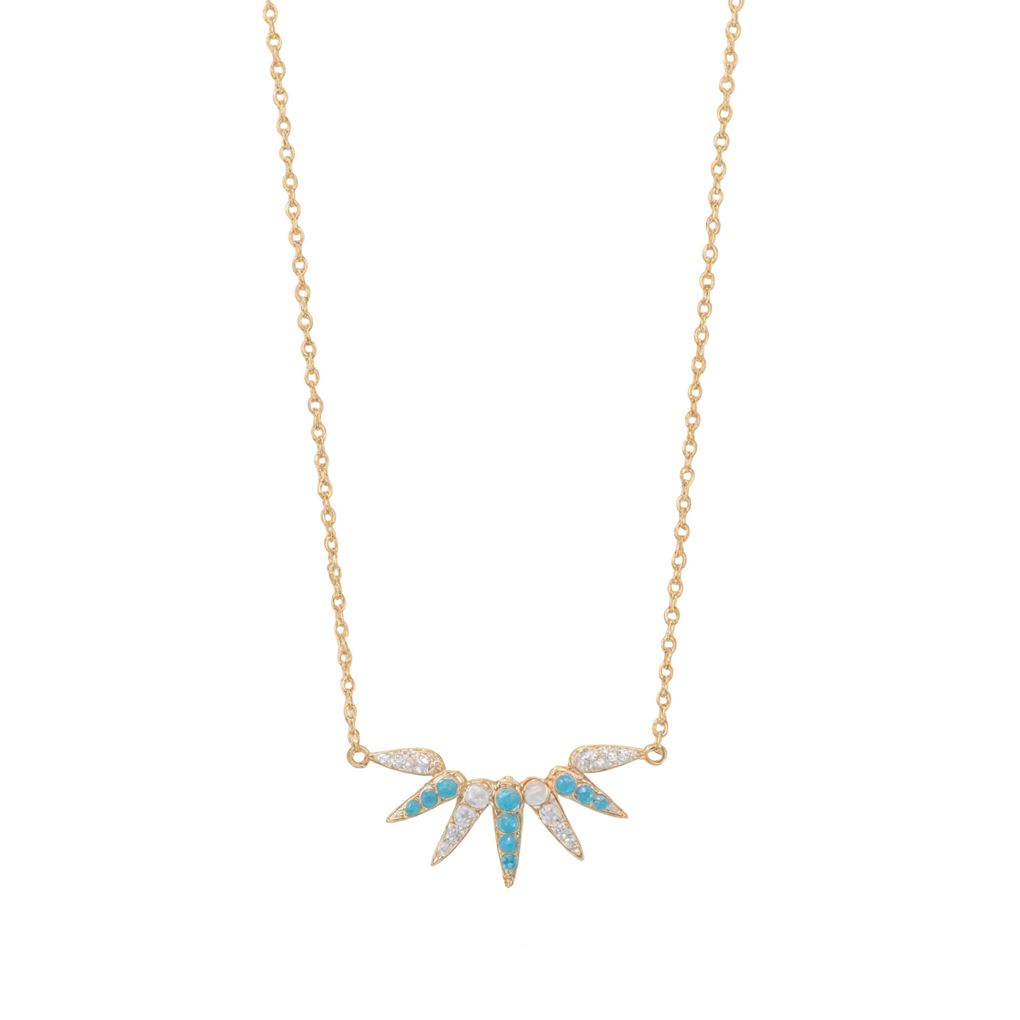 Turquoise CZ Sunray Necklace 14K Gold Plated 925 Silver 20mm 16+2 Inch