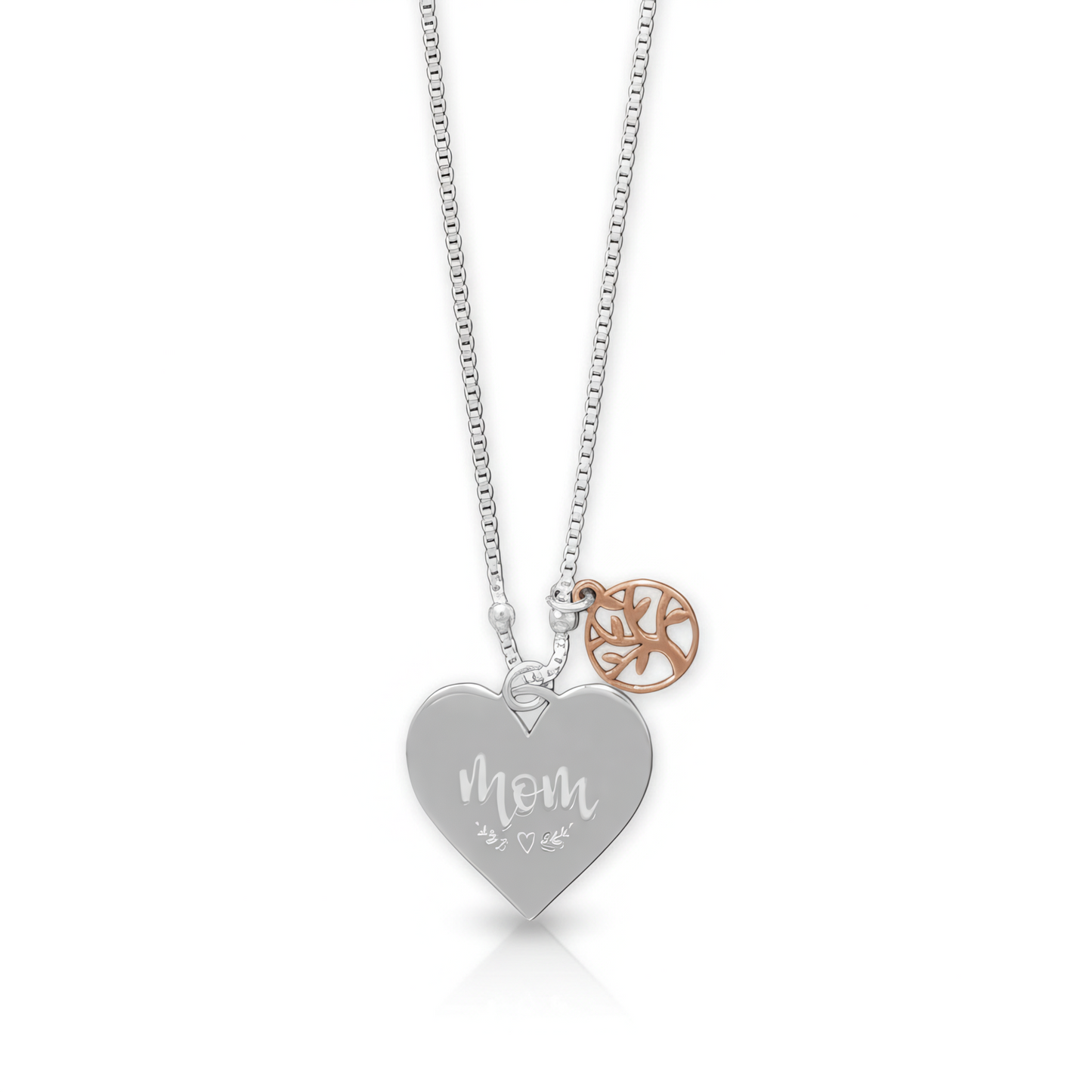Sterling Silver Mom Heart and Family Tree Charm Necklace, 16+2 Inch Chain, Rose Gold Plated Accents, Spring Ring Closure