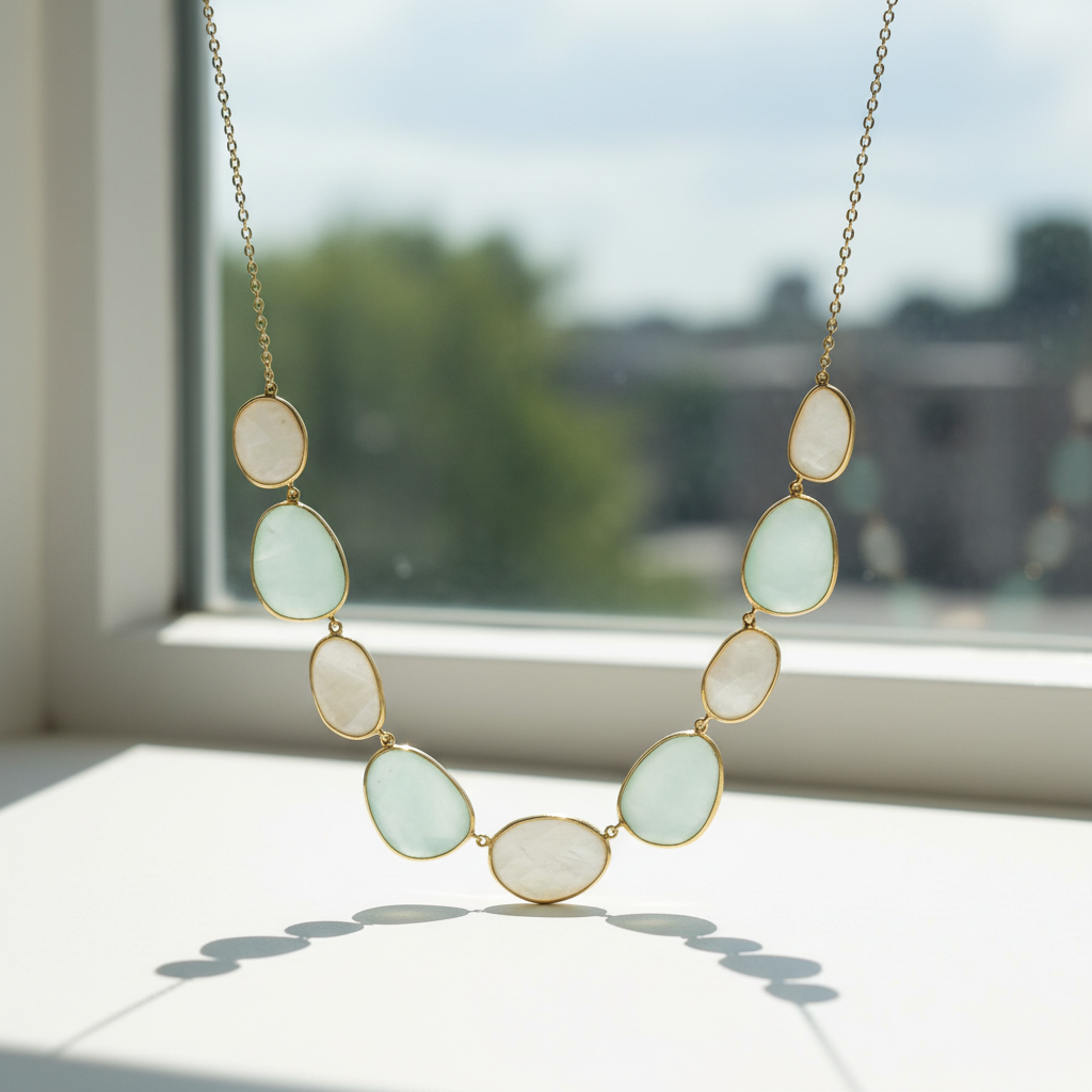 14 Karat Gold Plated Sterling Silver Necklace with Rainbow Moonstone, Green Chalcedony, 16 Inch Chain, Bezel Set Oval Stones