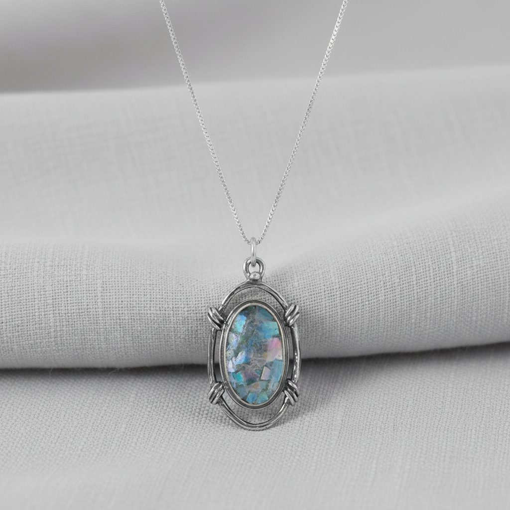 Ancient Roman Glass Necklace Oxidized 925 Sterling Silver Rope 18x30mm 18 Inch