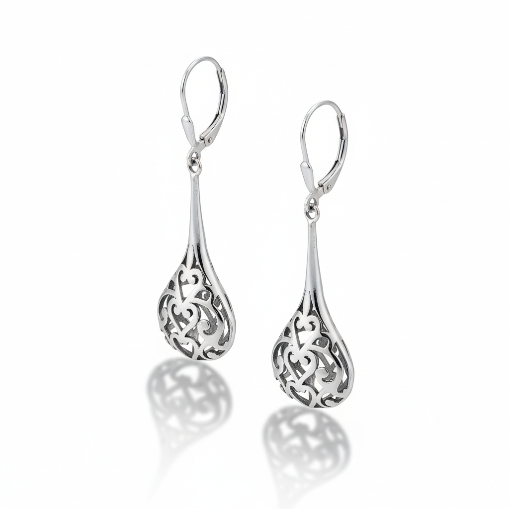 Raindrop Romance | Oxidized Silver Filigree Heart Teardrop Earrings